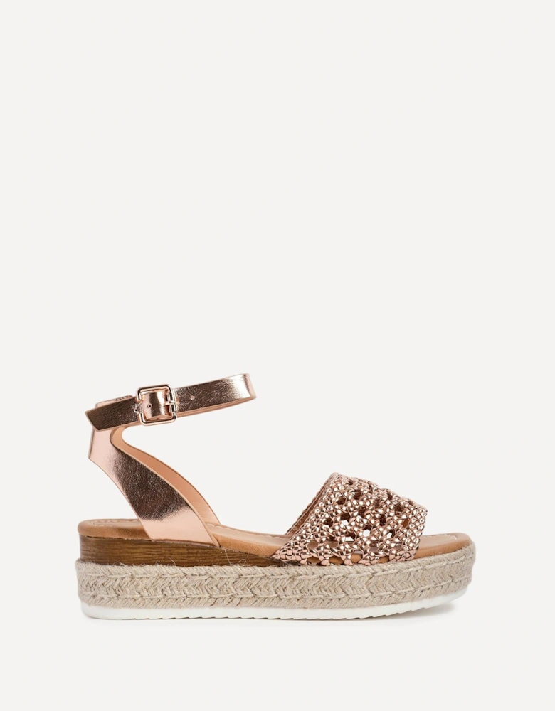Sundown Rose Gold Faux Leather Handwoven Espadrille Flatform Sandal