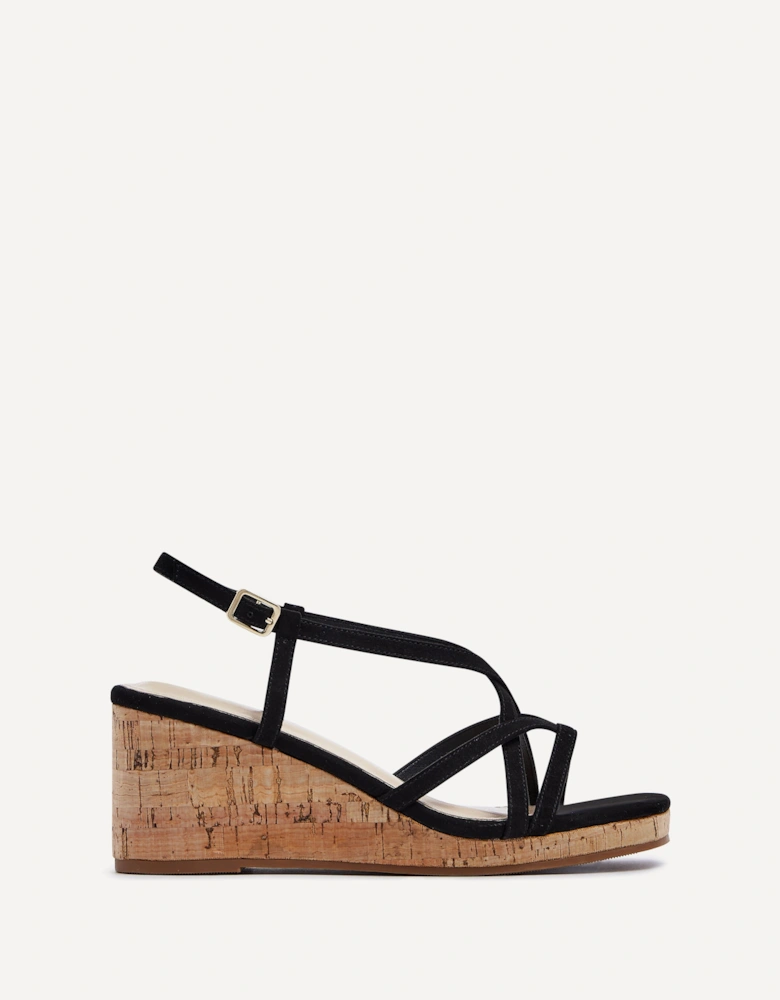 Safiya Black Faux Suede Strappy Wedge Sandal