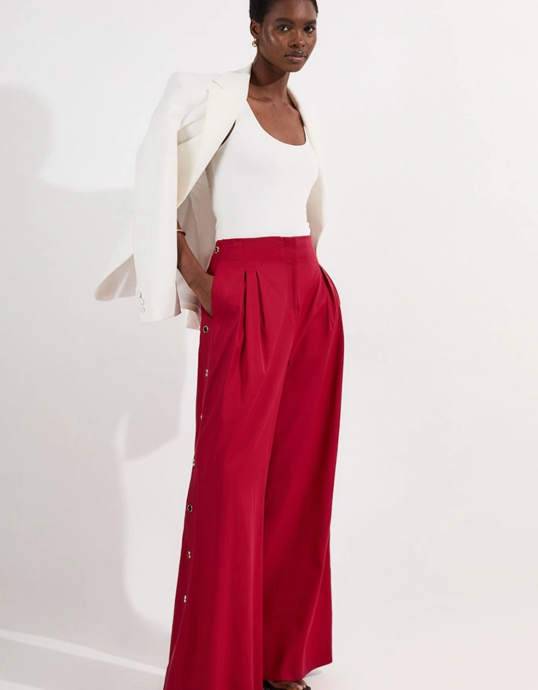 Tailored Polished Cotton Button Side Wide Leg Trousers