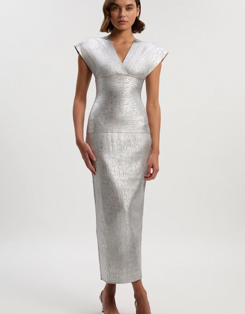 Foil Metallic Figure Form Angel Sleeve Knit Maxi Dress