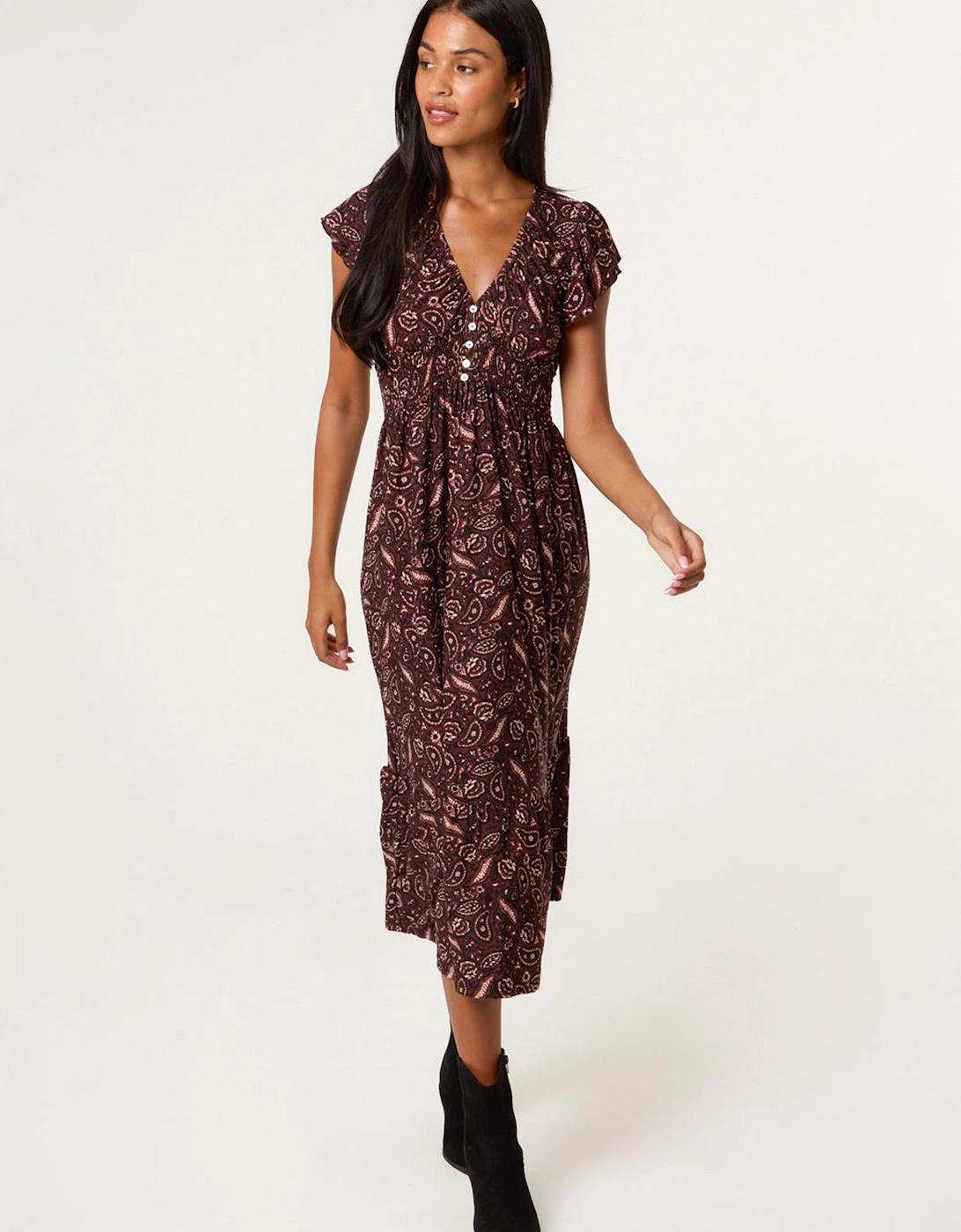 Brown V Neck Midi Dress With Button Front, 2 of 1