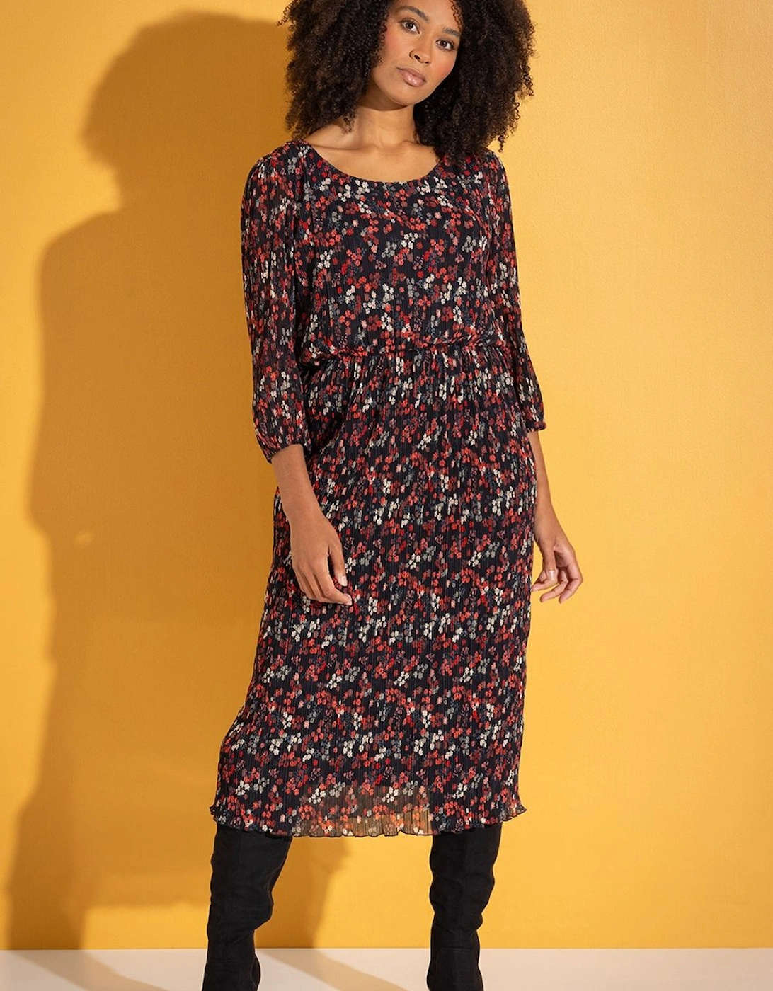 Pleated Ditsy Floral Print Midaxi Dress, 2 of 1