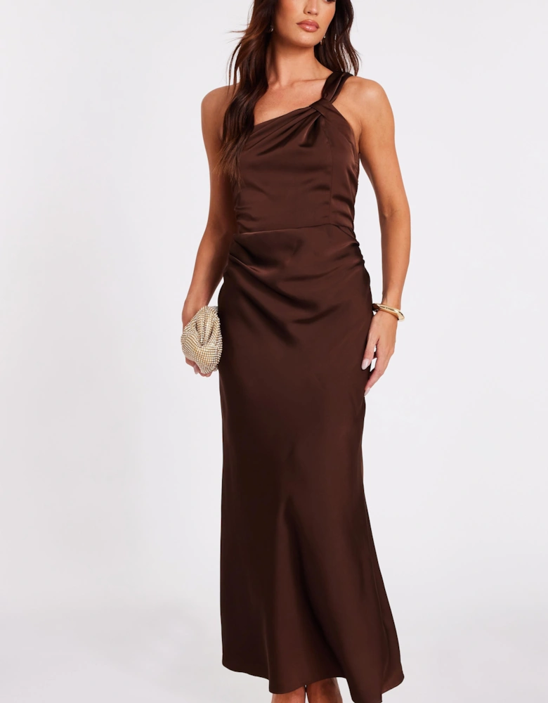 Brown Satin One Shoulder Midaxi Dress