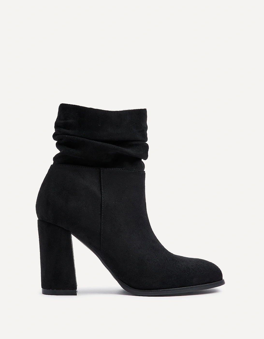 Mila Black Faux Suede Ruched Square Toe Block Heeled Ankle Boot, 2 of 1