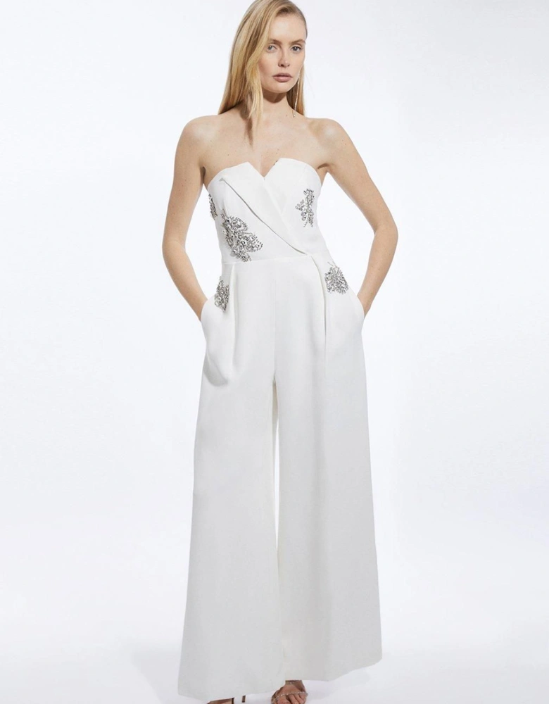 Petite Crystal Embellished Bandeau Tailored Wide Leg Jumpsuit