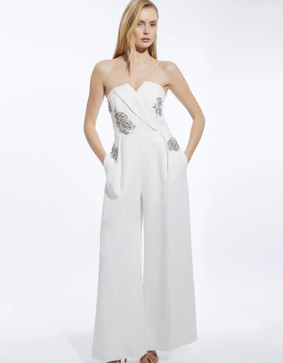 Petite Crystal Embellished Bandeau Tailored Wide Leg Jumpsuit, 2 of 1