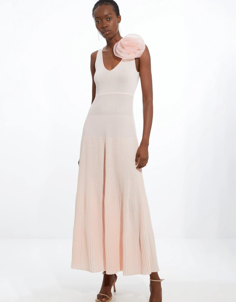 Viscose Blend Knit Corsage Detail Maxi Dress