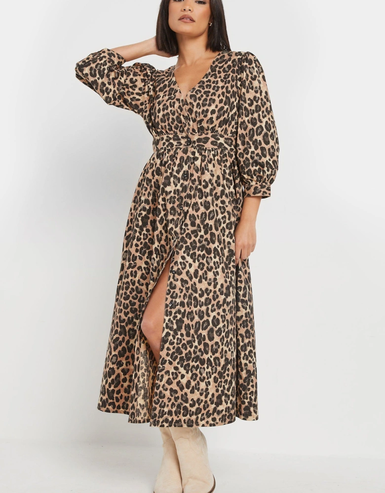 Petite Leopard Print Button Midi Dress