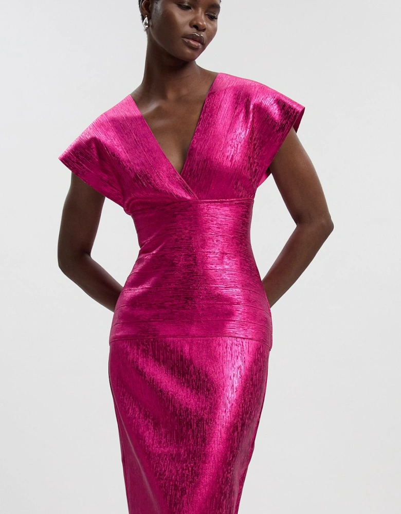 Foil Metallic Figure Form Angel Sleeve Knit Maxi Dress