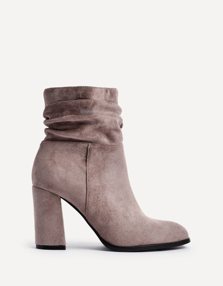 Mila Mocha Faux Suede Ruched Square Toe Block Heeled Ankle Boot