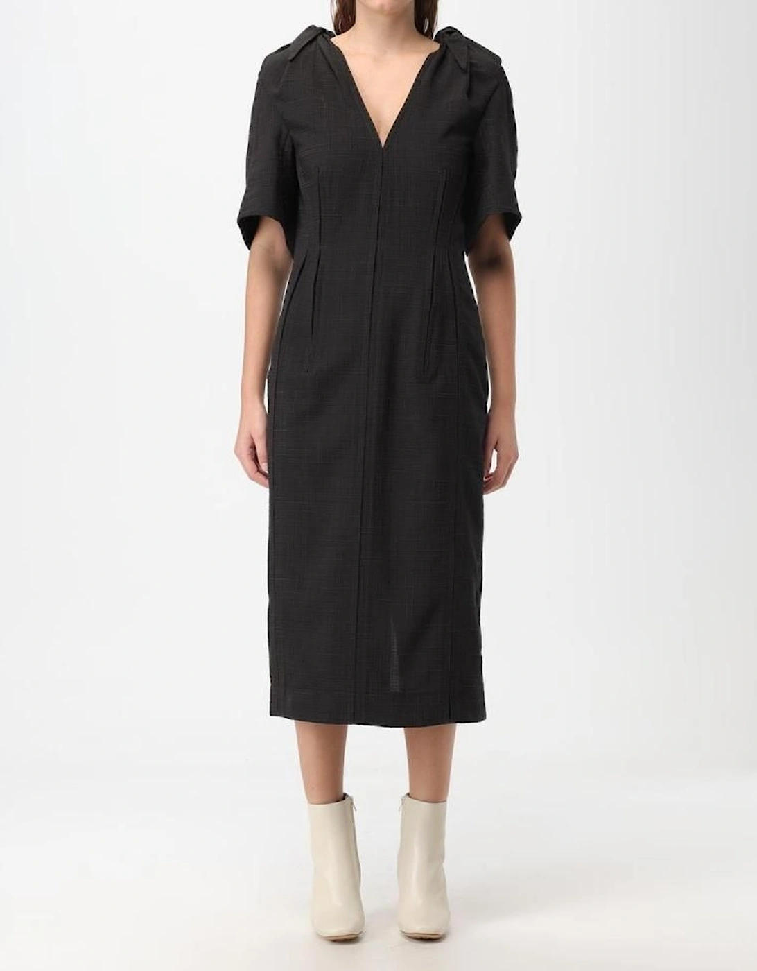 Midi Dress Textured Fabric VNeck - Coffee Dresses, 2 of 1