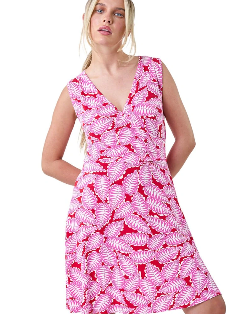 Petite Leaf Print Stretch Wrap Dress