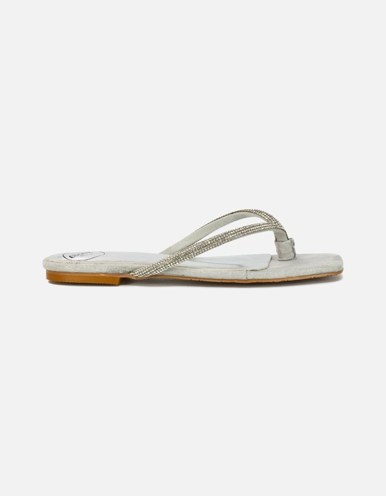 'Raina' Square Toe Thong Strap Flat Diamante Sandal Slides