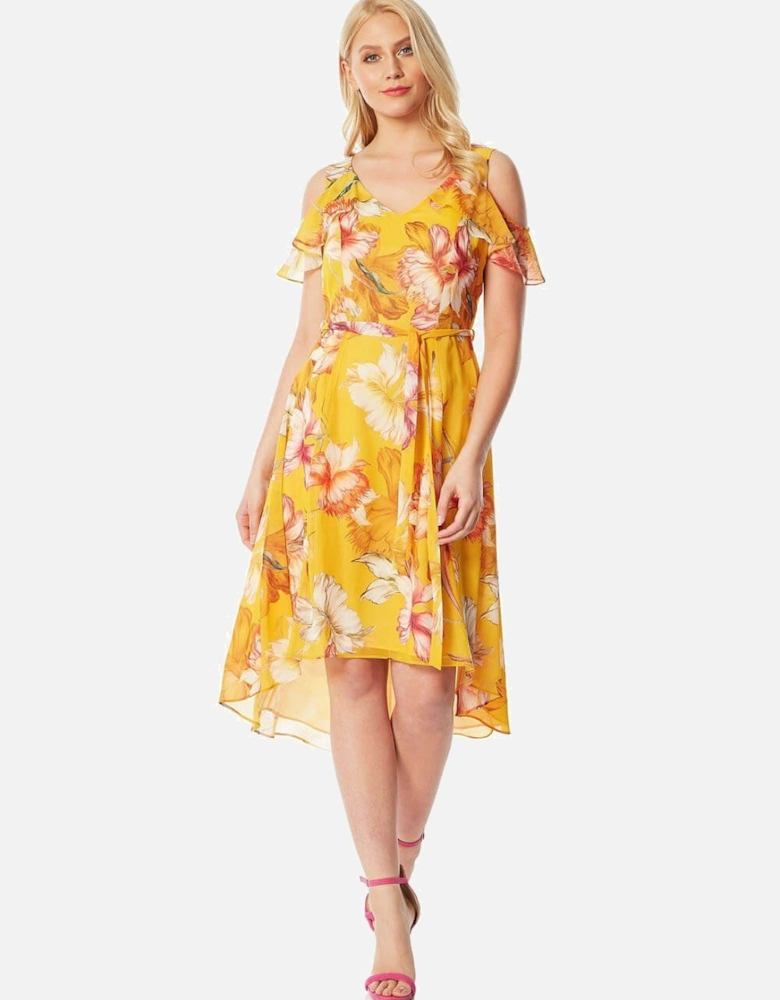 Floral Cold Shoulder Chiffon Hanky Hem Dress
