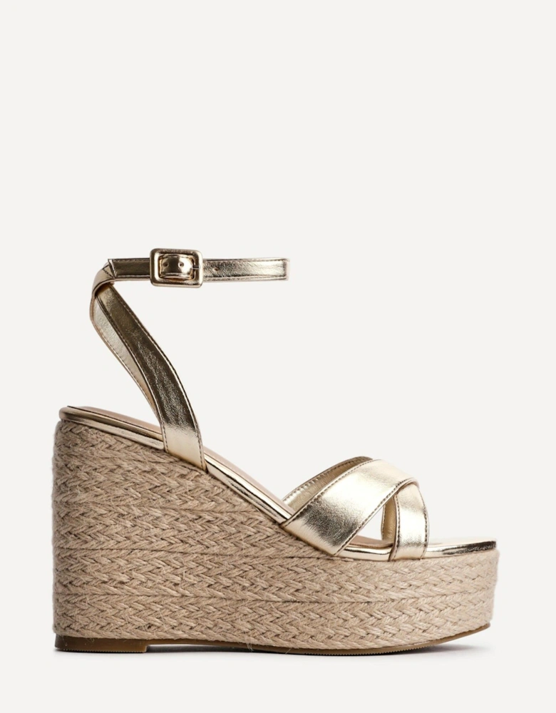 Tahiti Gold Faux Leather Crossover Espadrille Wedge