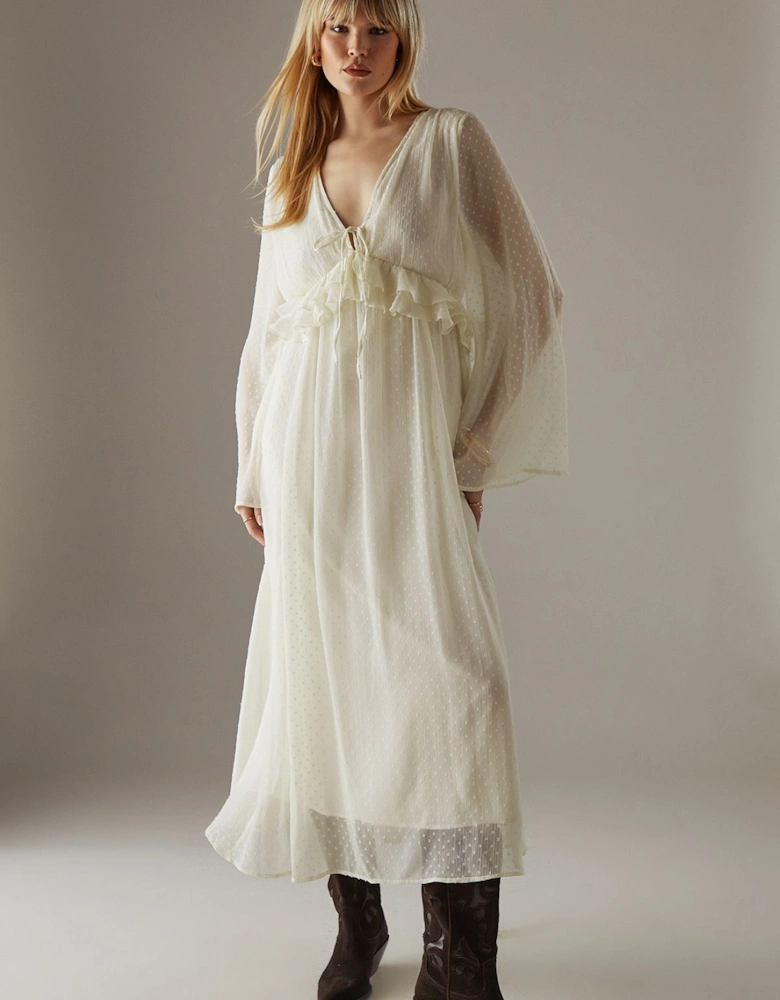 Dobby Chiffon Plunge Neck Ruffle Midi Smock Dress