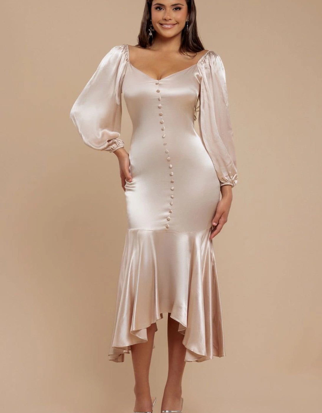 Satin Viscose Front Buttoned Dipped Hem Midaxi Dress, 2 of 1
