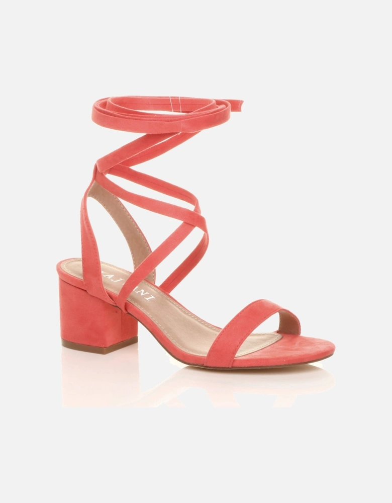 Mid Block Heel Tie Up Faux Suede Heeled Sandals