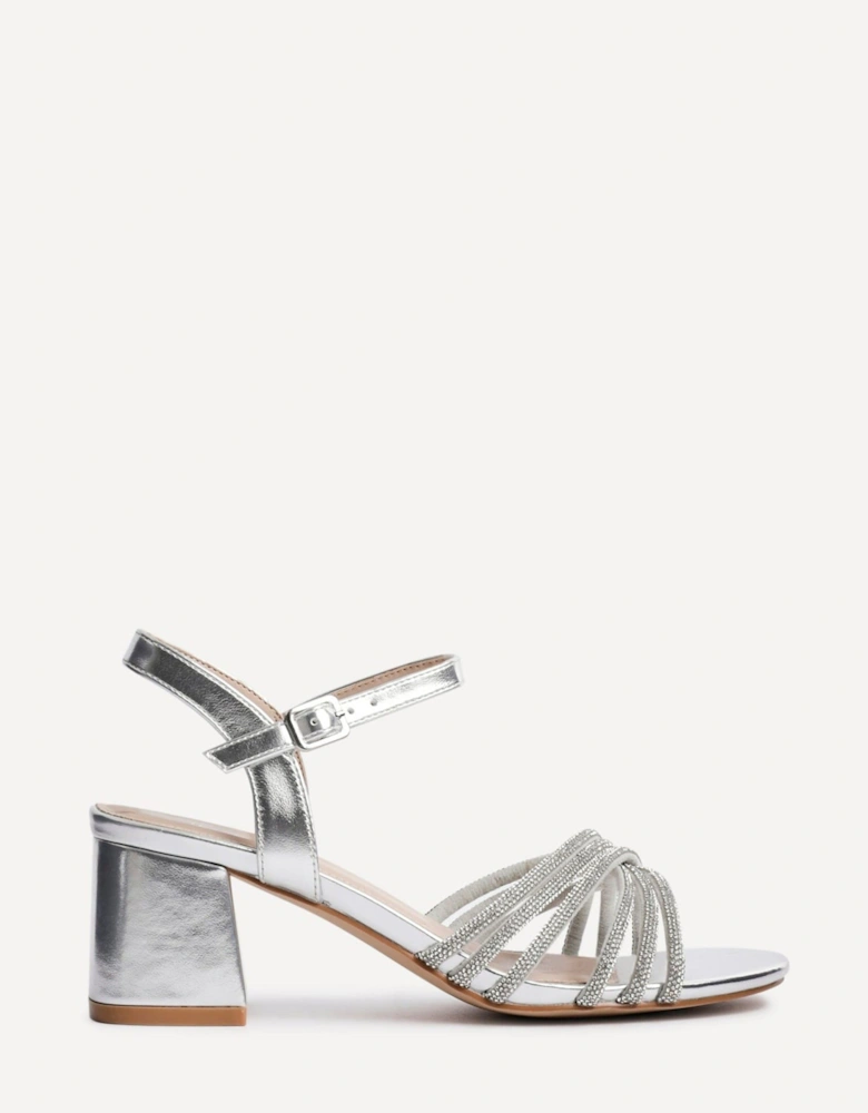 Gracie Silver Faux Leather Diamante Crossover Heeled Sandals