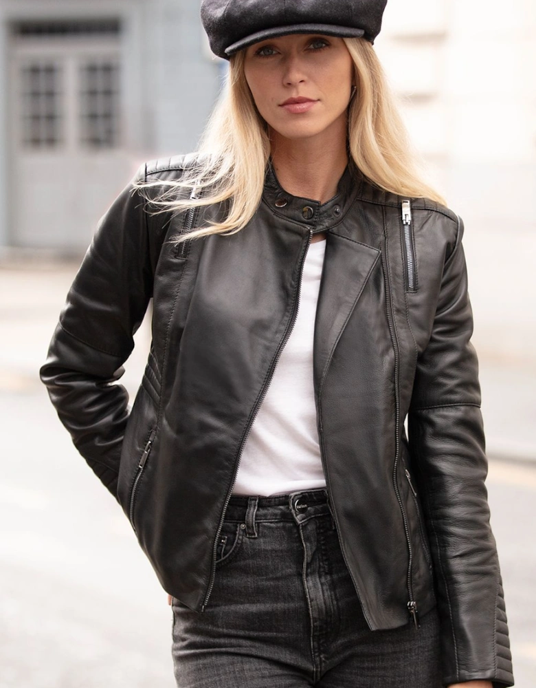 'Alessia' Mandarin Collar Leather Biker Jacket Women Coat