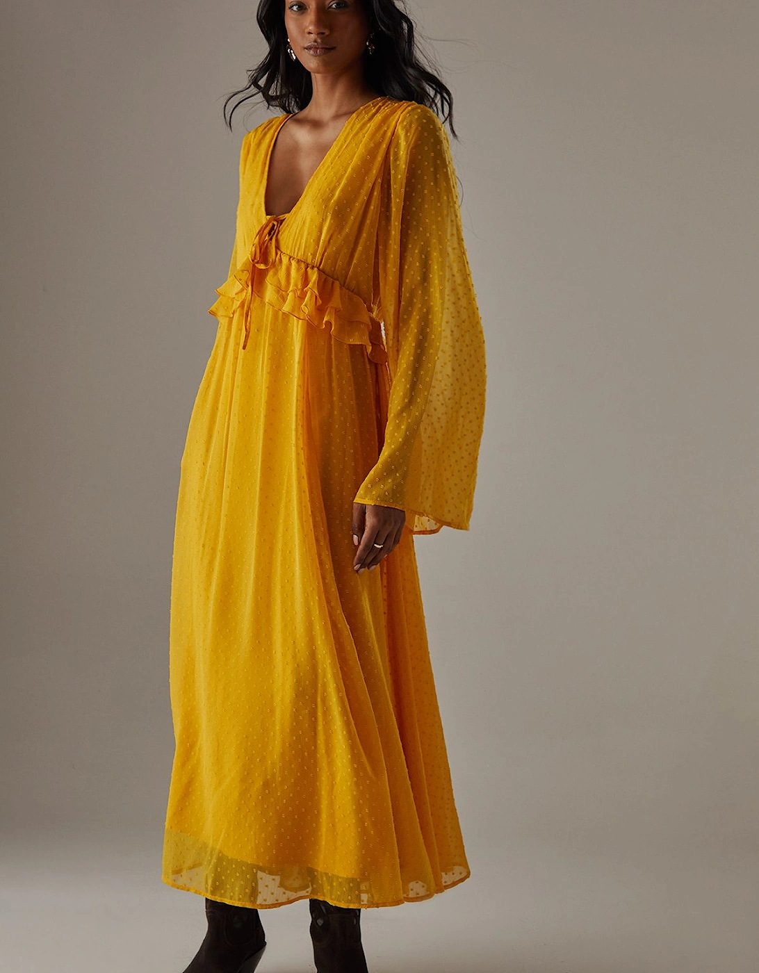 Dobby Chiffon Plunge Neck Ruffle Midi Smock Dress, 2 of 1