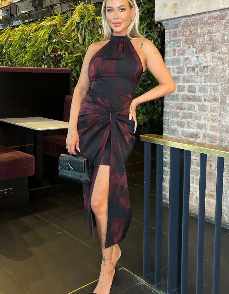 Burgundy And Black Smudge Print Halter Neck Knot Skirt Midi Dress