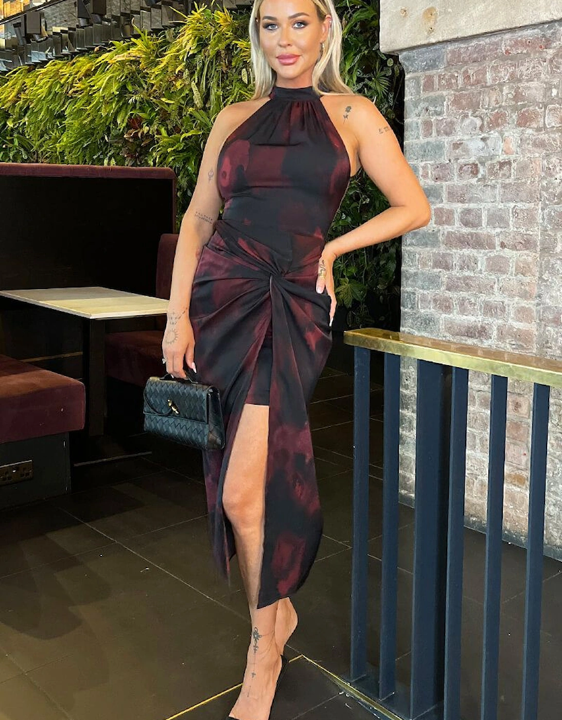Burgundy And Black Smudge Print Halter Neck Knot Skirt Midi Dress, 2 of 1