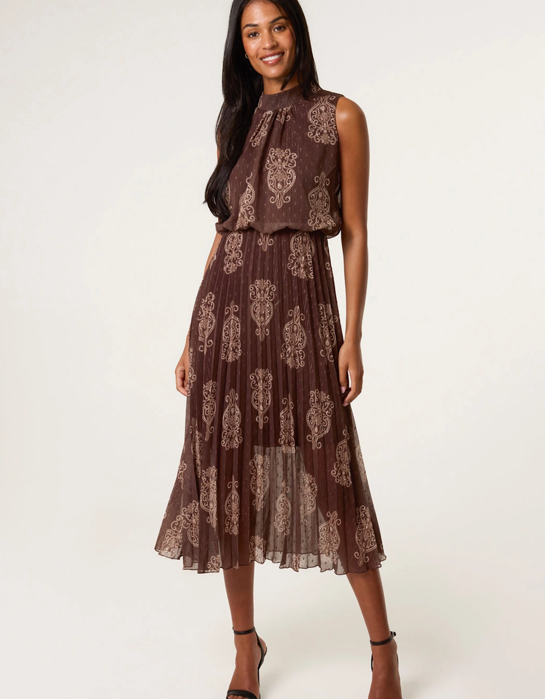 Brown Paisley High Neck Sleeveless Pleated Midi Dress, 2 of 1