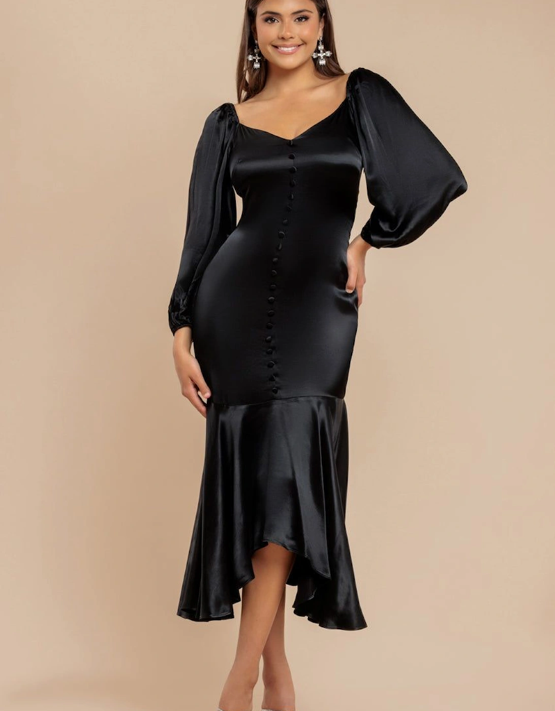 Satin Viscose Front Buttoned Dipped Hem Midaxi Dress, 2 of 1