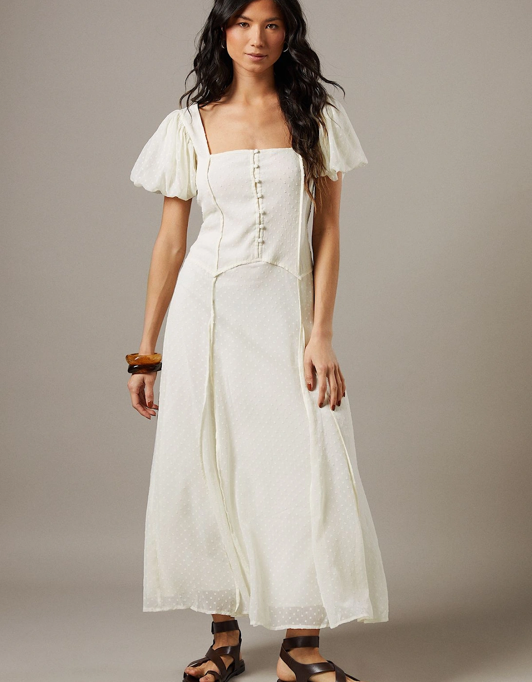Dobby Chiffon Button Bodice Godet Seam Midi Tea Dress, 2 of 1