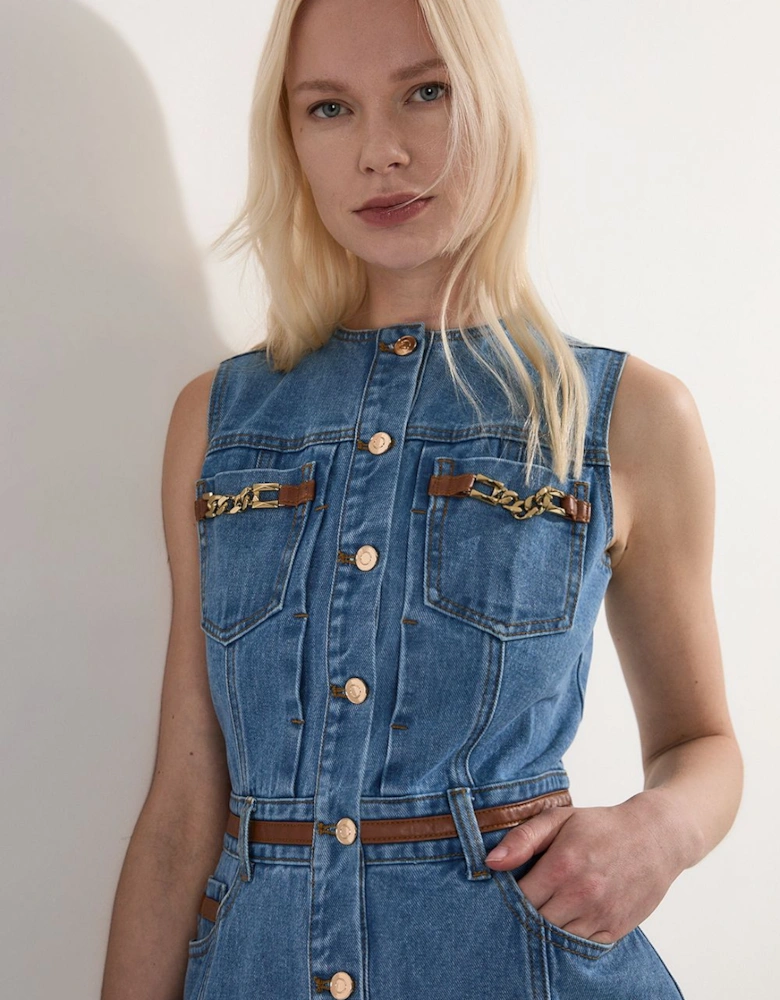Denim & Faux Leather Tipping Sleeveless Midi Dress