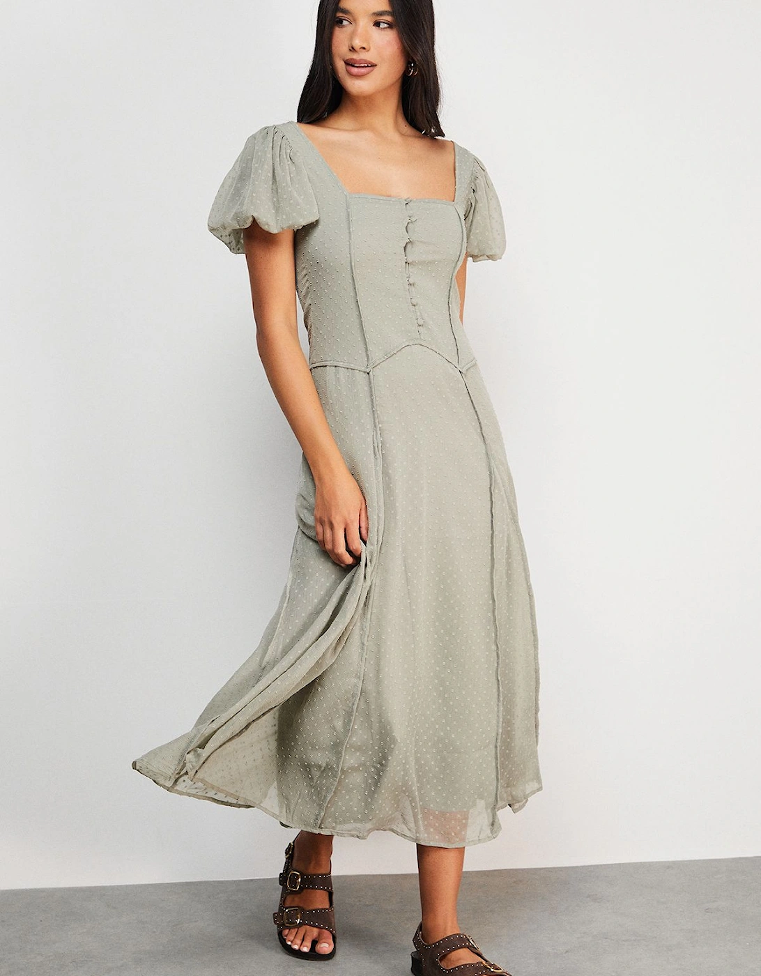 Dobby Chiffon Button Bodice Godet Seam Midi Tea Dress, 2 of 1