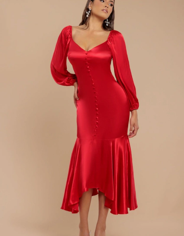 Satin Viscose Front Buttoned Dipped Hem Midaxi Dress