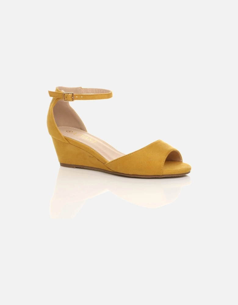Mid Wedge Heel Ankle Strap Faux Suede Sandals