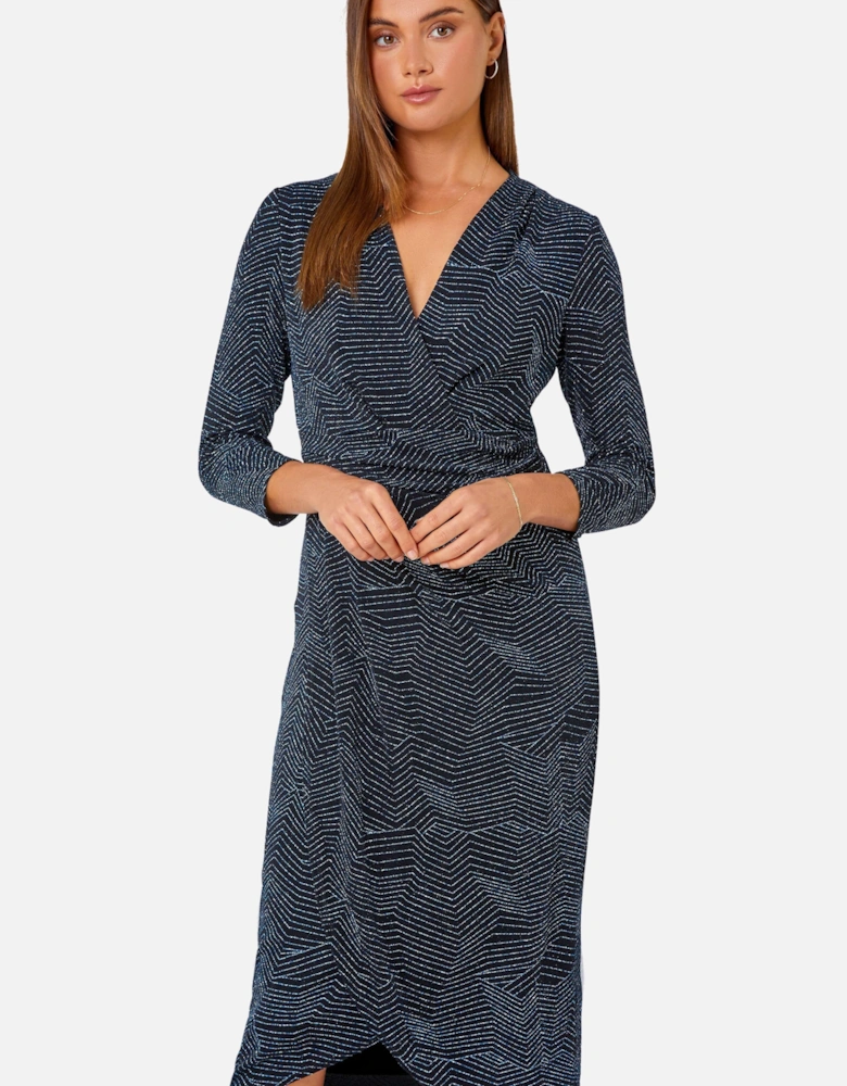 Glitter Print Stretch Wrap Midi Dress