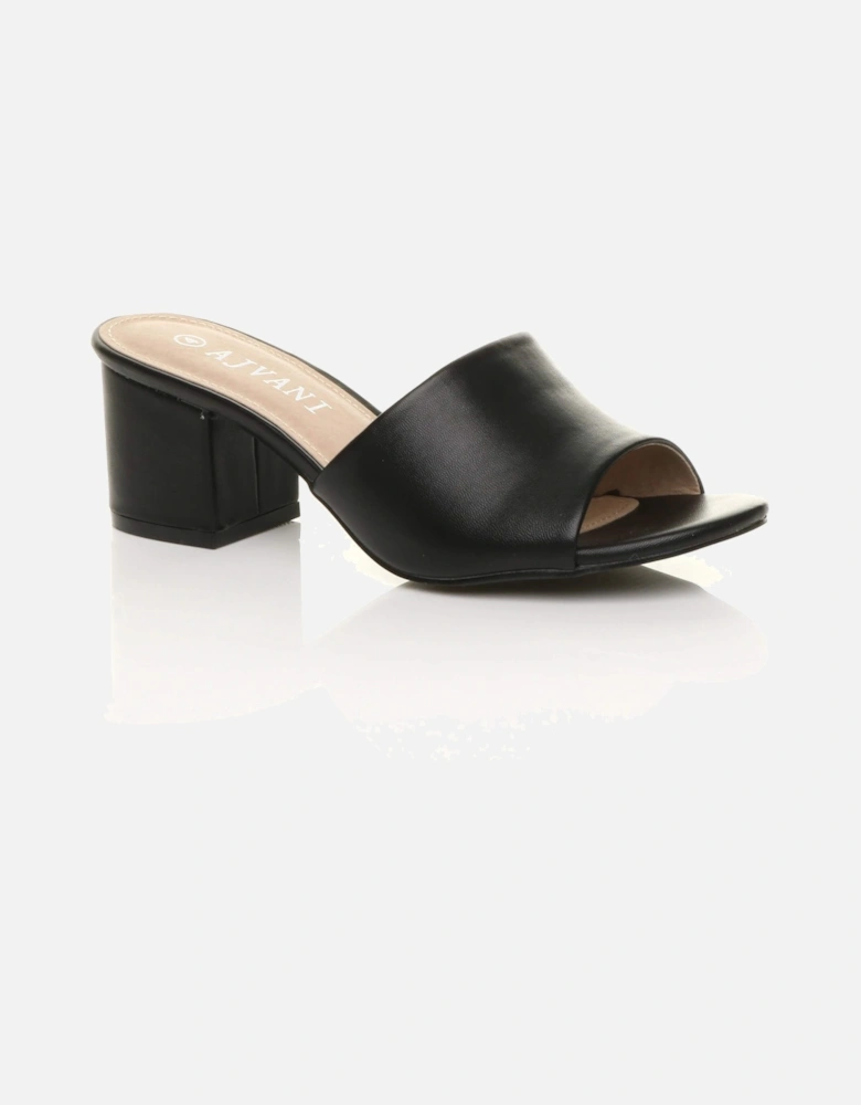 Mid Block Heel Peep Toe Mules Faux Leather Heeled Sandals