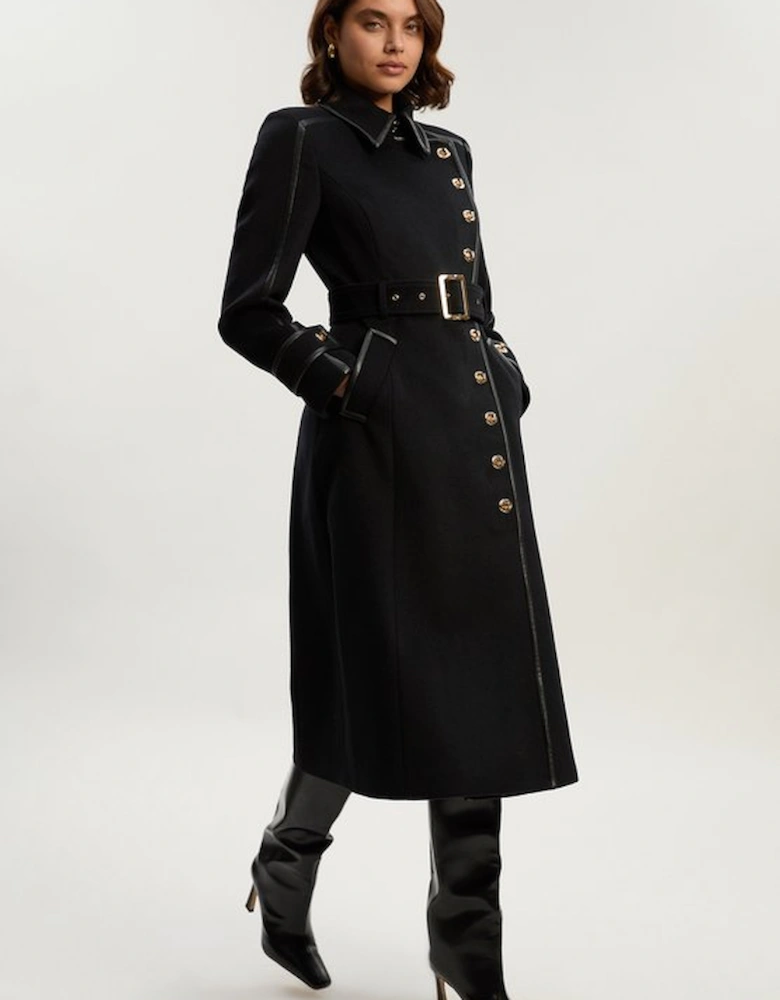 Brushed Wool Pu Mix Gold Trim Belted Midi Coat