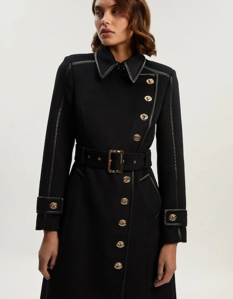 Brushed Wool Pu Mix Gold Trim Belted Midi Coat