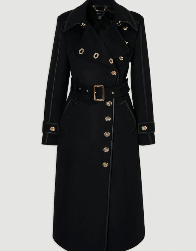 Brushed Wool Pu Mix Gold Trim Belted Midi Coat