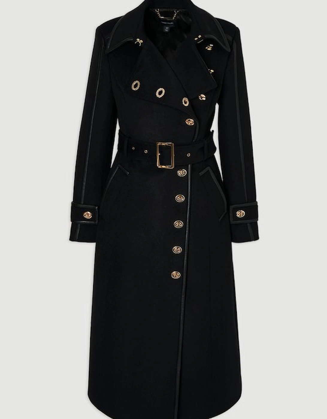 Brushed Wool Pu Mix Gold Trim Belted Midi Coat