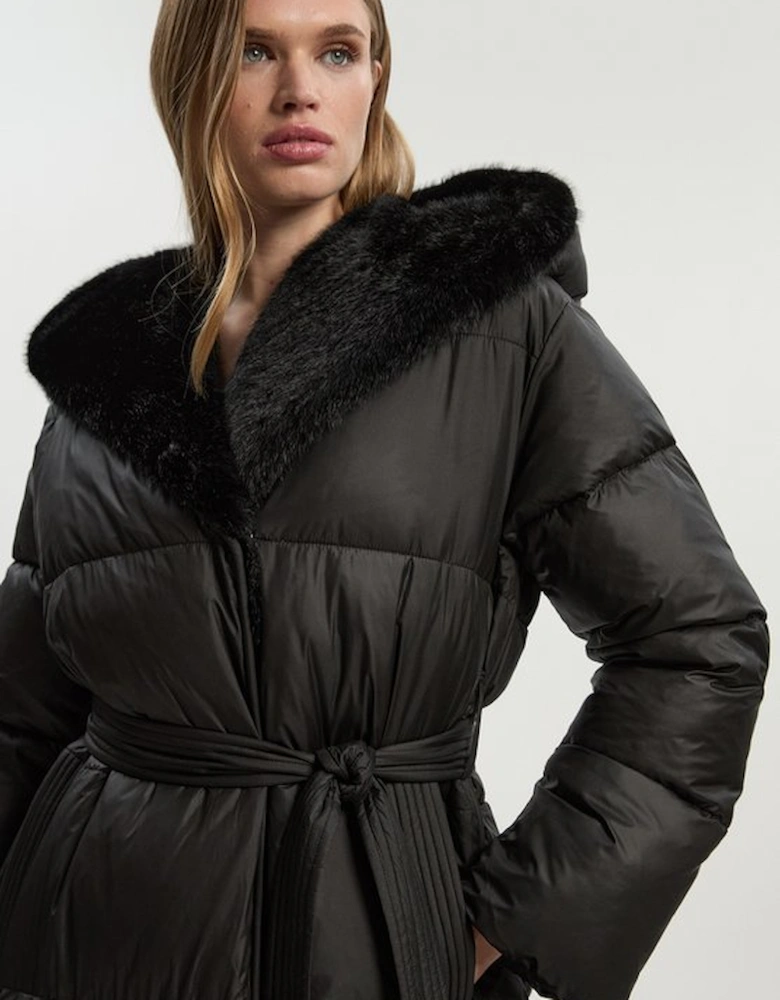 Premium Faux Fur Lined Padded Hooded Belted Midi Coat