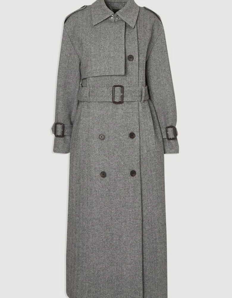 Herringbone Wool Belted Trench Tailored Maxi Coat