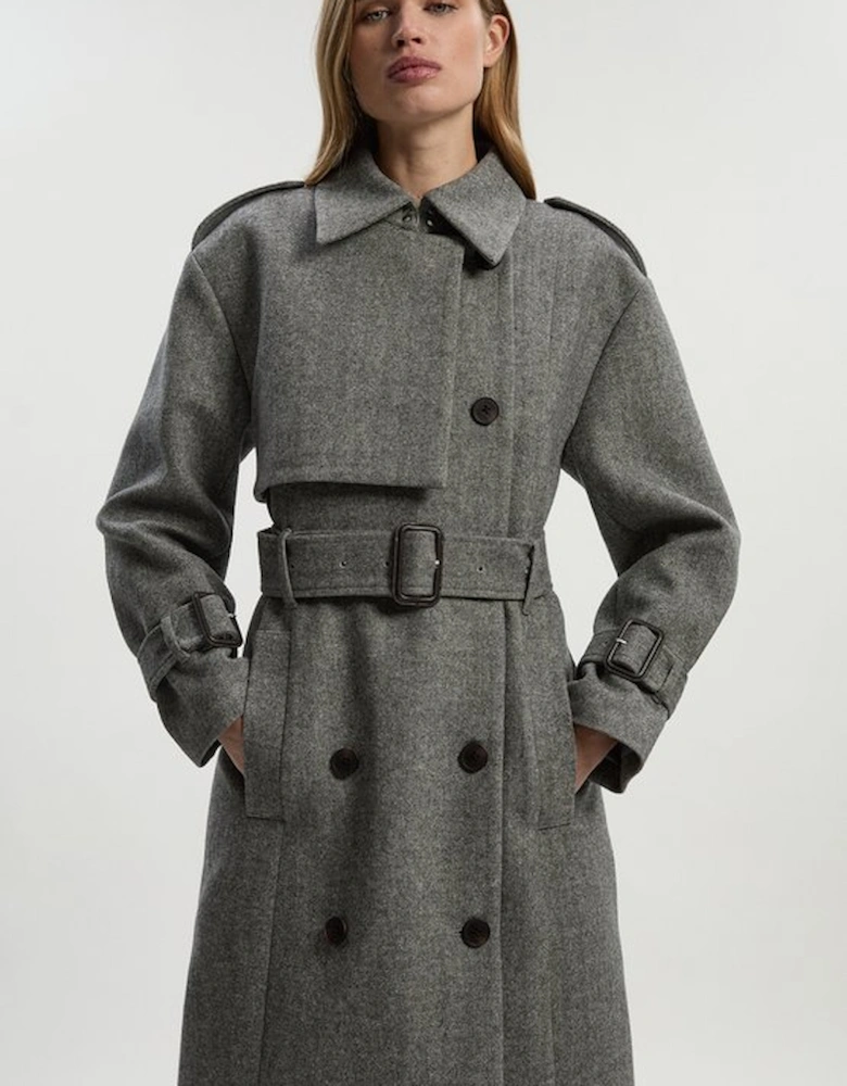 Herringbone Wool Belted Trench Tailored Maxi Coat