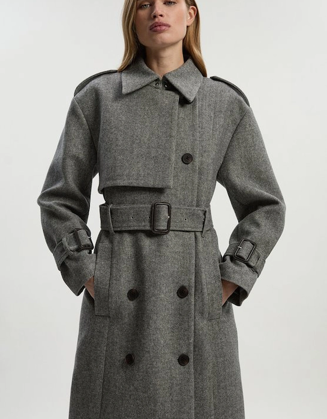 Herringbone Wool Belted Trench Tailored Maxi Coat