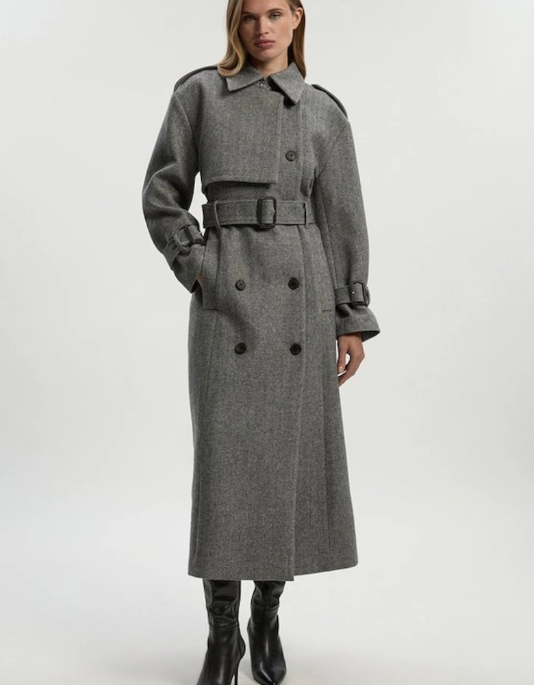 Herringbone Wool Belted Trench Tailored Maxi Coat