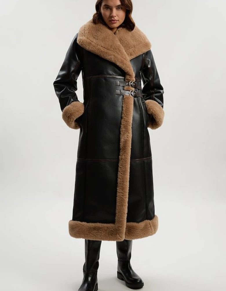 Faux Shearling Oversize Collar Buckle Midi Coat