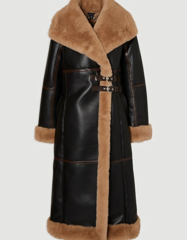 Faux Shearling Oversize Collar Buckle Midi Coat