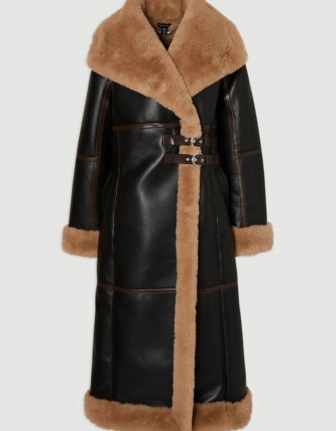 Faux Shearling Oversize Collar Buckle Midi Coat