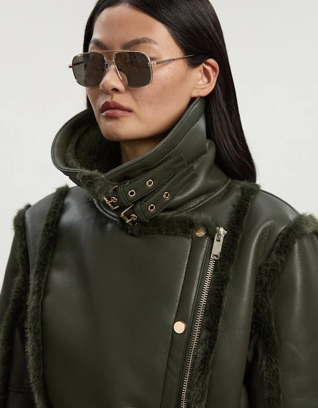 Faux Fur High Neck Belted Biker Coat