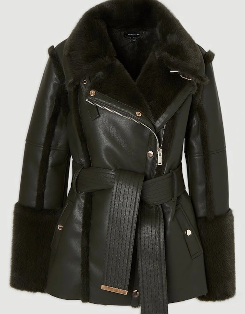 Faux Fur High Neck Belted Biker Coat